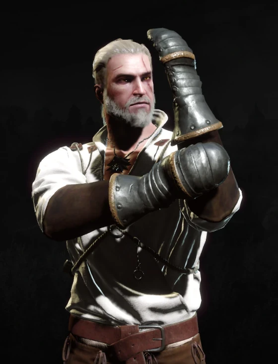 Geralt wearing Knight's gauntlets
