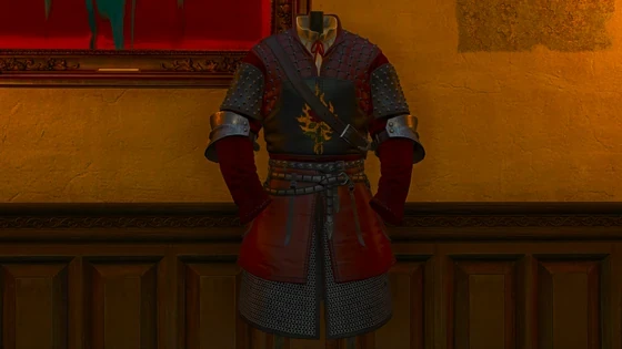 Geralt wearing Order of the Flaming Rose armor