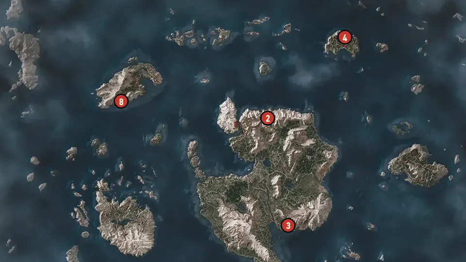 Map of the Scavenger Hunt: Bear School Gear objectives around Ancient Crypt, Ruined Inn, Yngvar's Fang