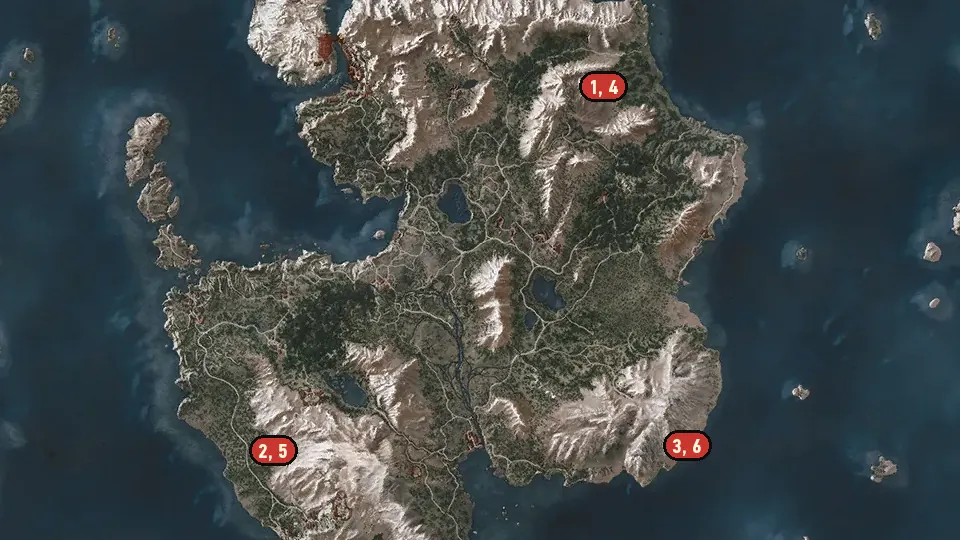 Map of the Scavenger Hunt: Bear School Gear Upgrade Diagrams - Part 1 objectives around Kaer Gelen, Grotto, Wild Shore