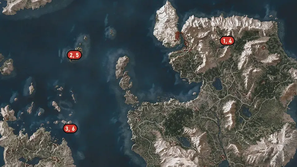 Map of the Scavenger Hunt: Bear School Gear Upgrade Diagrams - Part 2 objectives around Rogne, Kaer Almhult, Marlin Coast