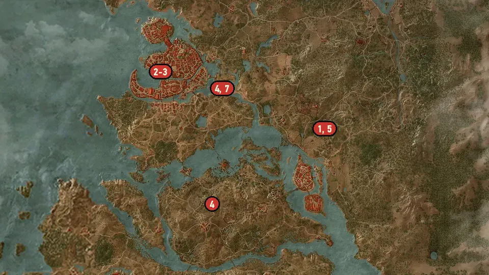 Map of the Gwent: Old Pals objectives around Temerian Partisan Hideout, Hierarch Square, Seven Cats Inn