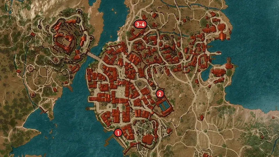 Map of the Fists of Fury: Toussaint objectives around Coopers' Gate, Nilfgaardian Embassy, Harbor Gate