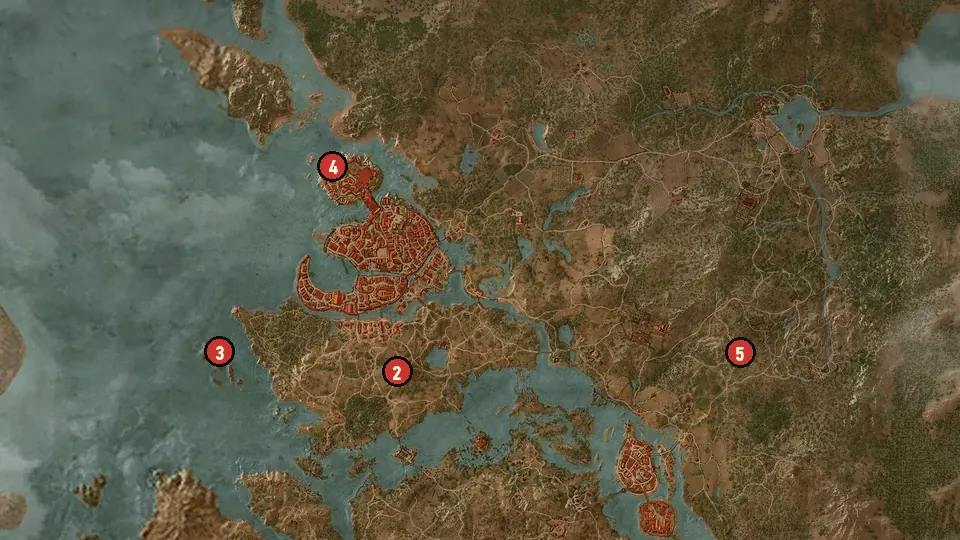 Map of the Scavenger Hunt: Cat School Gear objectives around Drahim Castle, Lighthouse, Electors' Square