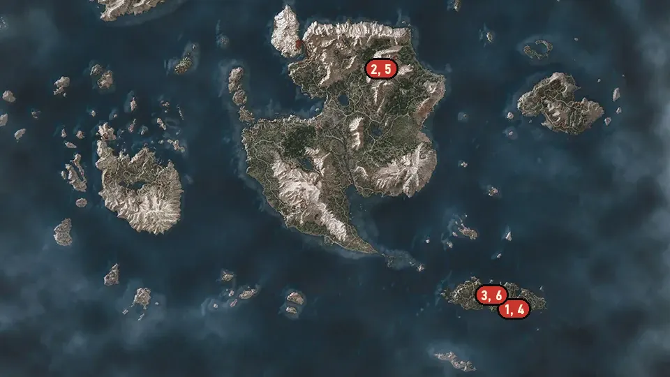 Map of the Scavenger Hunt: Cat School Gear Upgrade Diagrams - Part 4 objectives around Trottheim, Kaer Gelen, Harviken