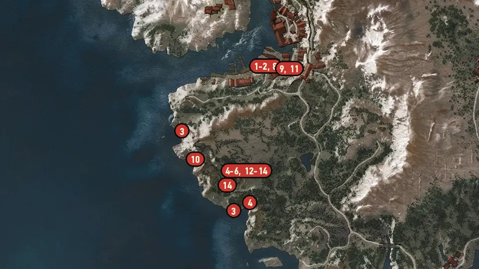 Map of the Contract: Muire D'yaeblen objectives around Kaer Trolde Harbor, Crossroads