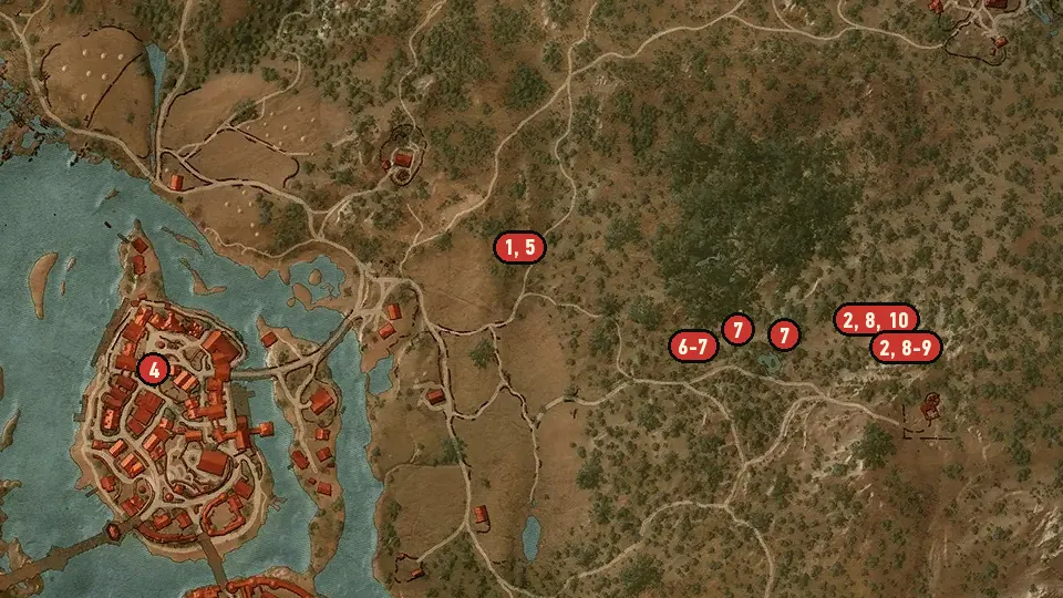 Map of the Contract: The Creature from Oxenfurt Forest objectives around Aeramas' Abandoned Manor, Herbalist's Hut, Oxenfurt Harbor
