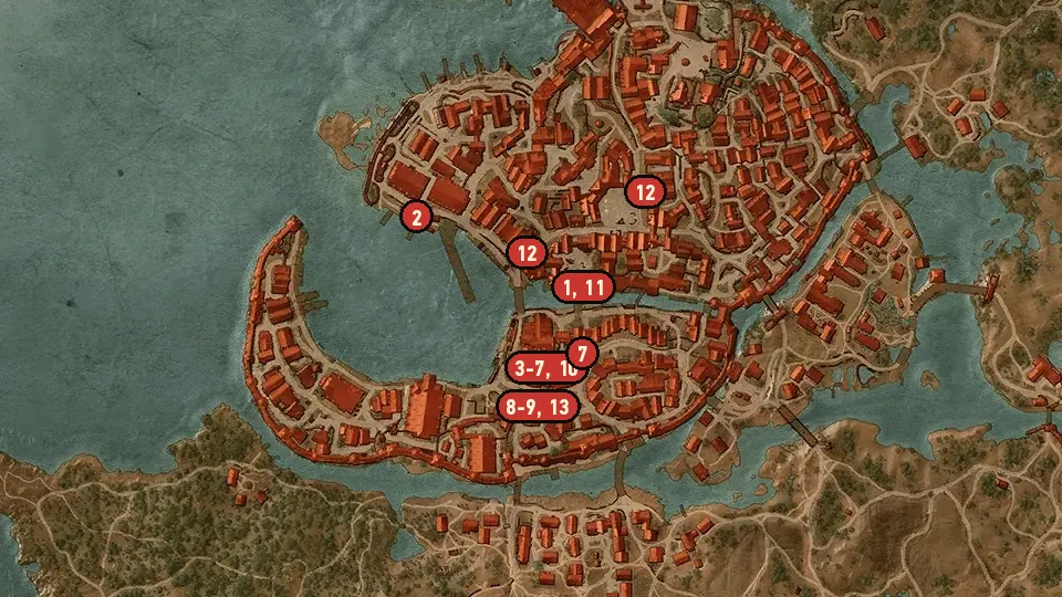 Map of the Contract: Deadly Delights objectives around Hierarch Square, Portside Gate, Novigrad Docks