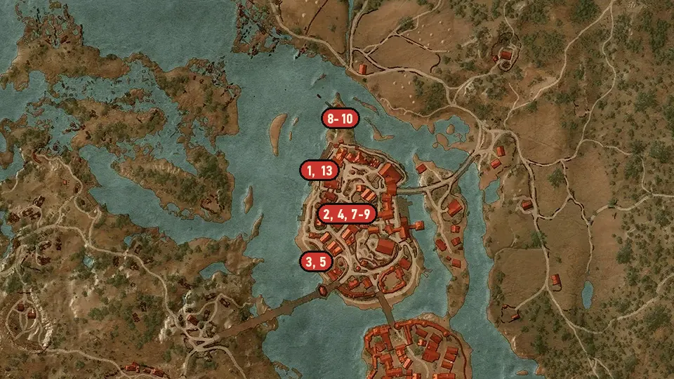 Map of the Contract: The Oxenfurt Drunk objectives around Oxenfurt Harbor, Western Gate, Gustfields Farm