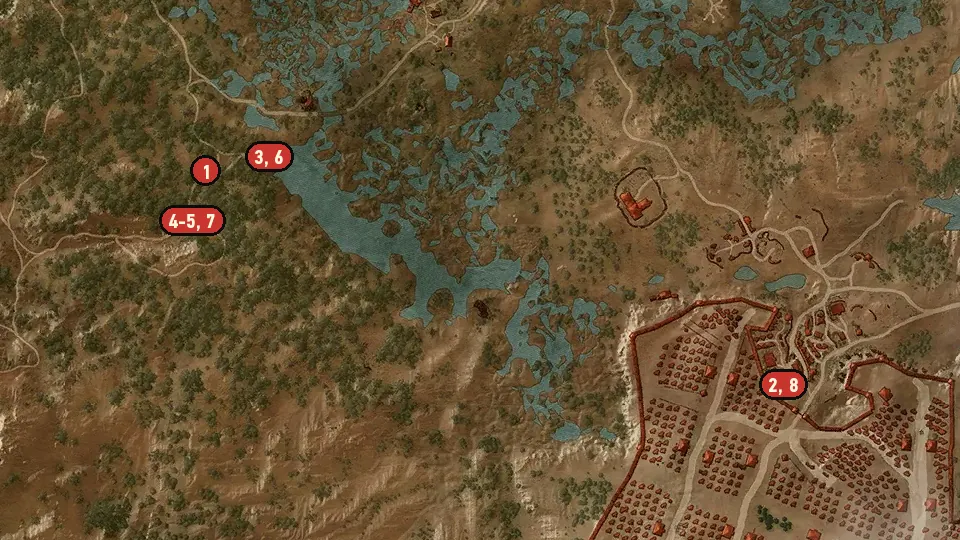 Map of the Contract: Patrol Gone Missing objectives around Crossroads, Nilfgaardian Army Group 'Center' Camp