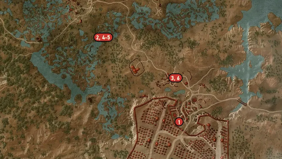 Map of the Blood Ties objectives around Nilfgaardian Army Group 'Center' Camp, House of Respite, Kimbolt Way