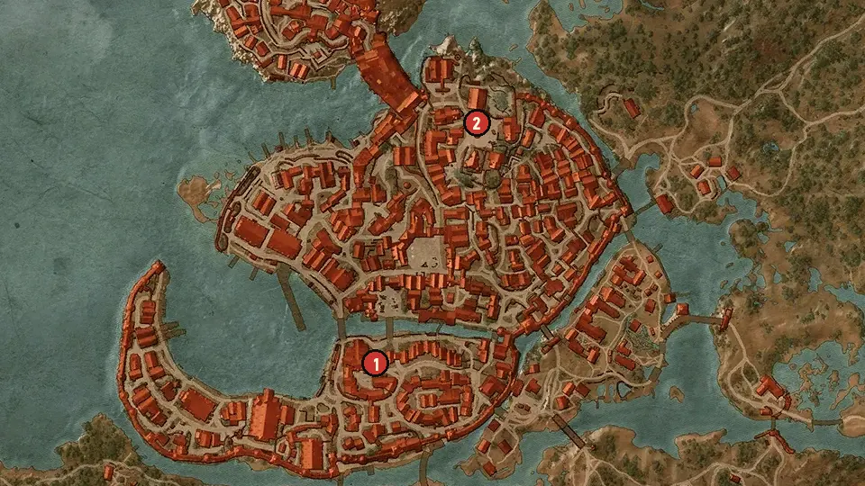 Map of the Hidden Messages of the Nilfgaardian Kind objectives around Hierarch Square, St. Gregory's Bridge