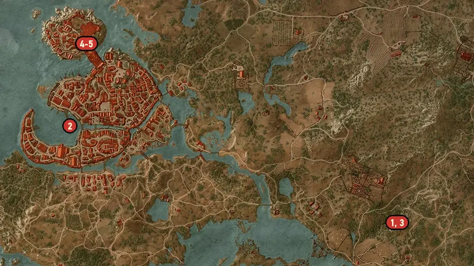 Map of the Reason of State objectives around Temerian Partisan Hideout, Electors' Square, Novigrad Docks
