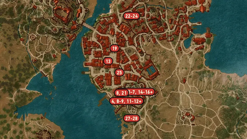 Map of the Till Death Do You Part objectives around Metinna Gate, Lebioda's Gate, Nilfgaardian Embassy