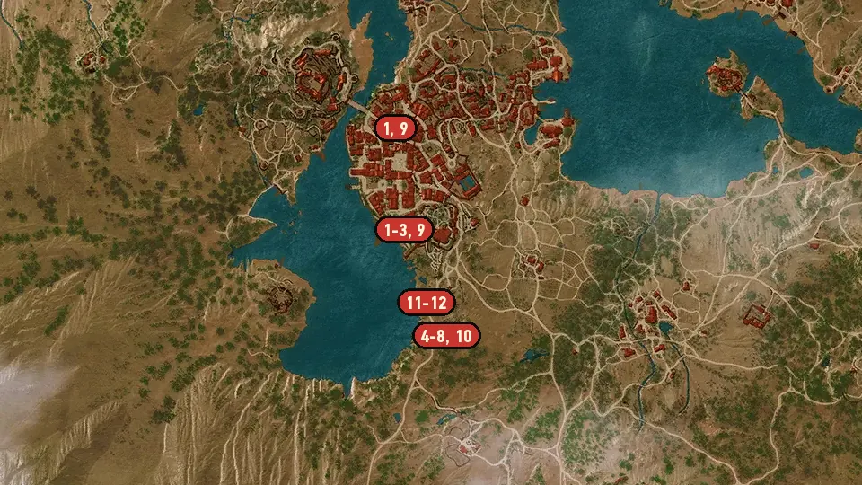 Map of the Of Sheers and a Witcher I Sing objectives around Belgaard Vineyard, Lebioda's Gate, The Gran'place