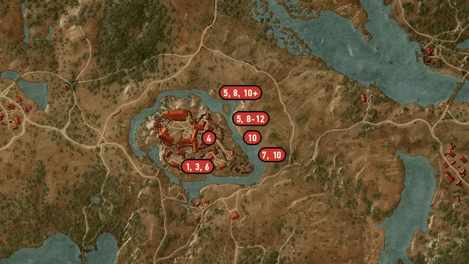 Map of the Contract: Shrieker objectives around Burned Ruins, Crow's Perch, Castle Village