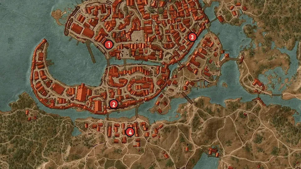 Map of the Fists of Fury: Novigrad objectives around Hierarch Square, Portside Gate, Southern Gate