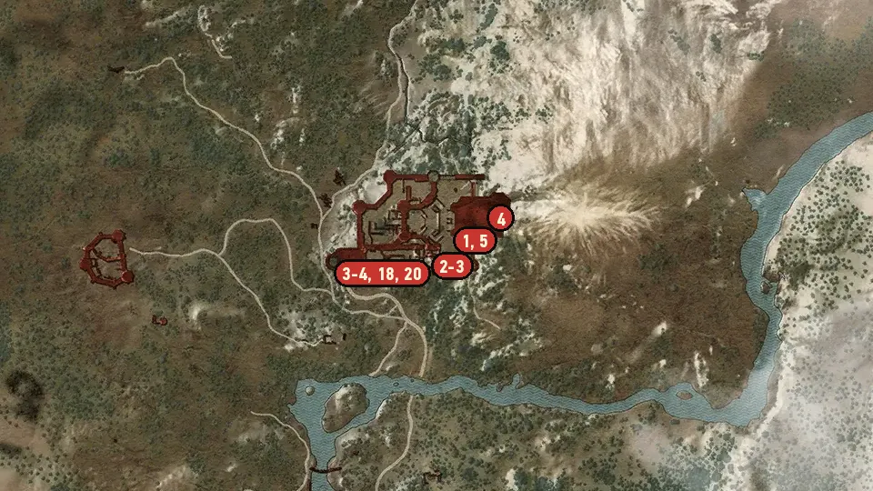 Map of the Kaer Morhen objectives around Kaer Morhen