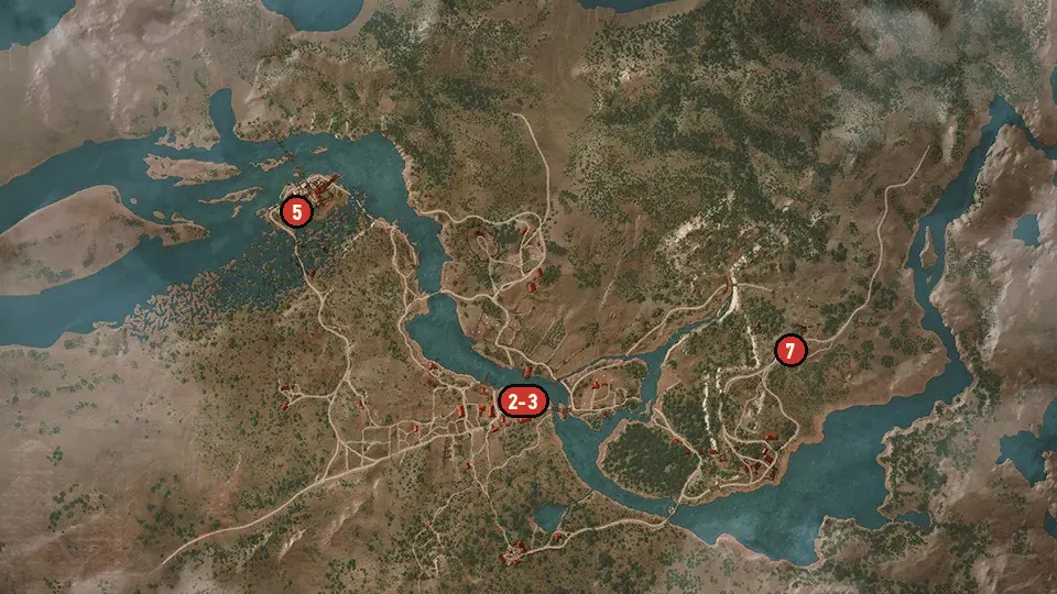 Map of the Lilac and Gooseberries objectives around Kaer Morhen, Woesong Bridge, Nilfgaardian Garrison
