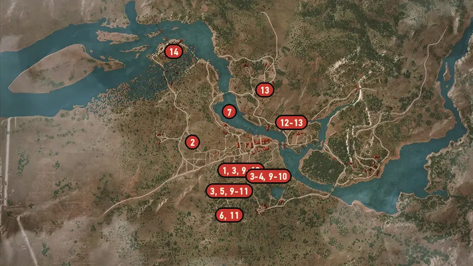 Map of the The Beast of White Orchard objectives around Broken Bridge, Woesong Bridge, Sawmill