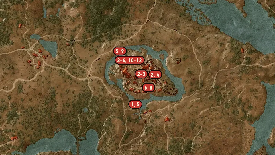 Map of the Bloody Baron objectives around Castle Village, Crow's Perch
