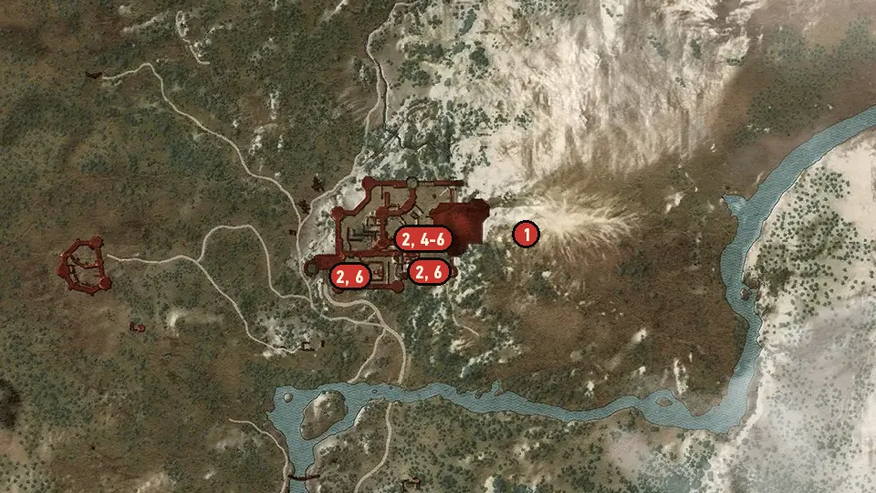 Map of the Blood on the Battlefield objectives around Kaer Morhen