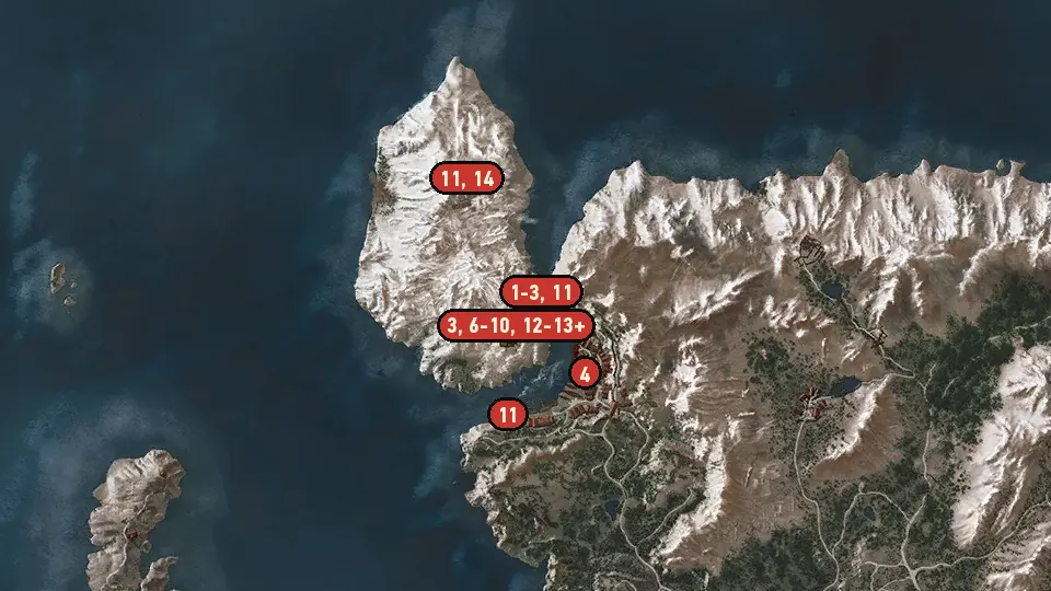 Map of the The King is Dead - Long Live the King objectives around Bridge to Kaer Trolde, Kaer Morhen, Kaer Trolde Harbor