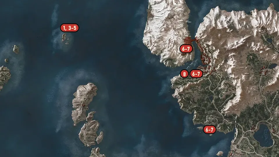 Map of the Destination: Skellige objectives around Hierarch Square, Crossroads, Novigrad Docks
