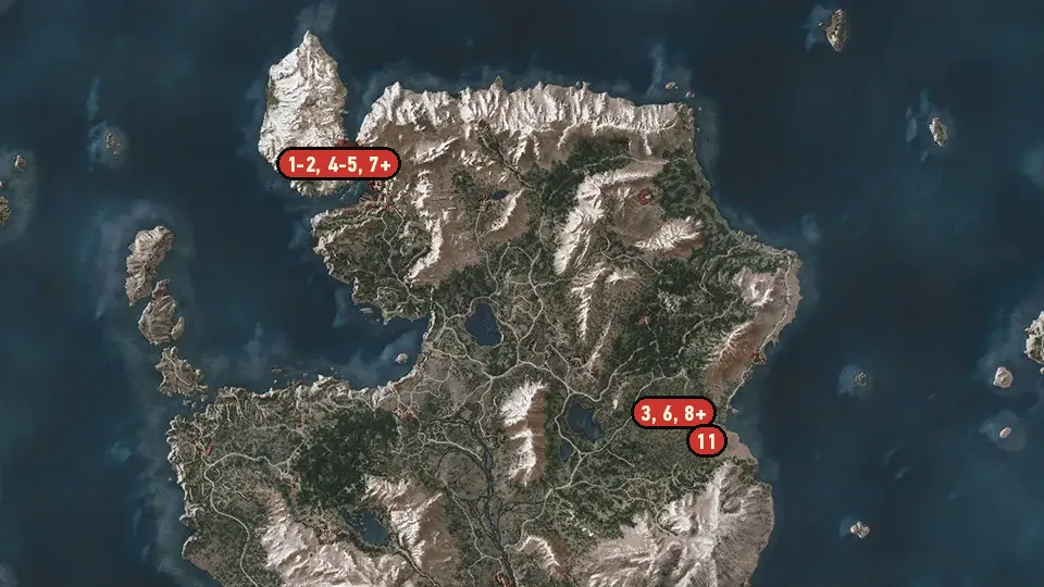 Map of the Echoes of the Past objectives around Kaer Morhen, Druids' Camp