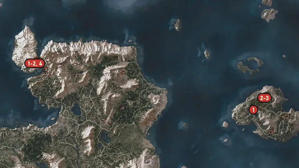 Map of the Missing Persons objectives around Freya's Garden, Lofoten, Kaer Morhen