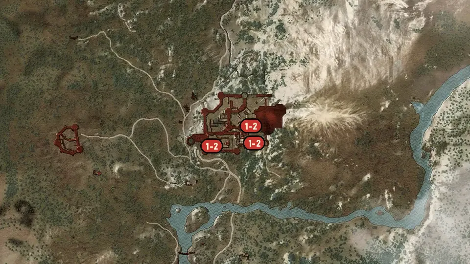 Map of the Skjall's Grave objectives around Kaer Morhen