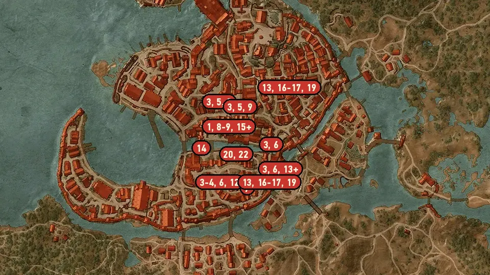 Map of the Pyres of Novigrad objectives around Hierarch Square, Gate of the Hierarch, Glory Gate