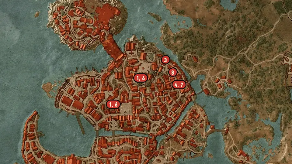 Map of the The Gangs of Novigrad objectives around Oxenfurt Gate, Hierarch Square