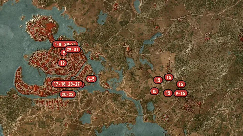 Map of the Broken Flowers objectives around Gate of the Hierarch, St. Gregory's Bridge, Royal Palace in Vizima