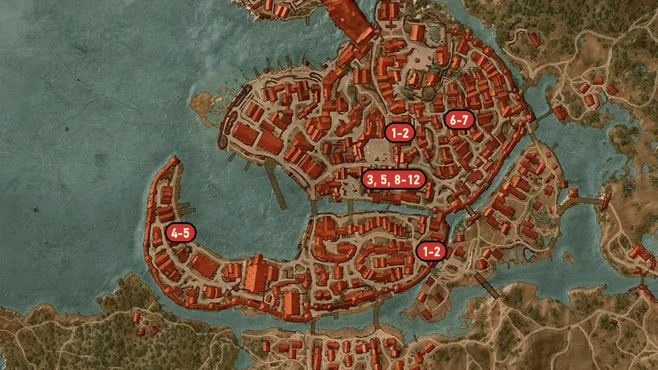 Map of the The Play's the Thing objectives around Hierarch Square, Novigrad Docks, Southern Gate
