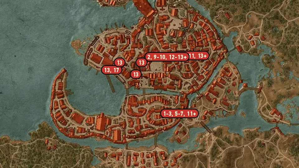 Map of the Now or Never objectives around Hierarch Square, Novigrad Docks