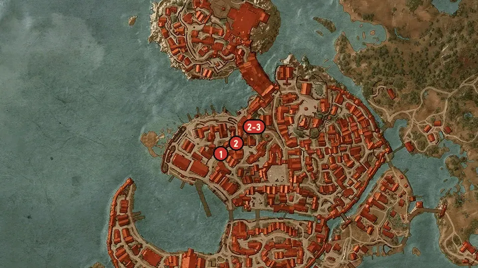 Map of the Novigrad, Closed City II objectives around Hierarch Square, St. Gregory's Bridge