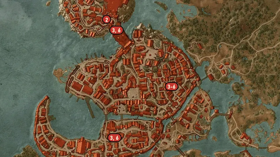 Map of the Novigrad, Closed City objectives around St. Gregory's Bridge, Southern Gate, Electors' Square