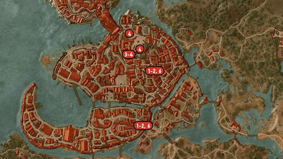 Map of the Blindingly Obvious objectives around Hierarch Square, St. Gregory's Bridge, Kaer Trolde Harbor