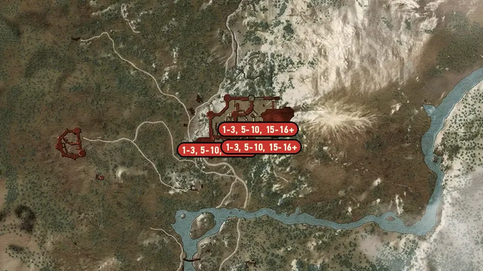 Map of the Payback objectives around Kaer Morhen, St. Gregory's Bridge, Portside Gate