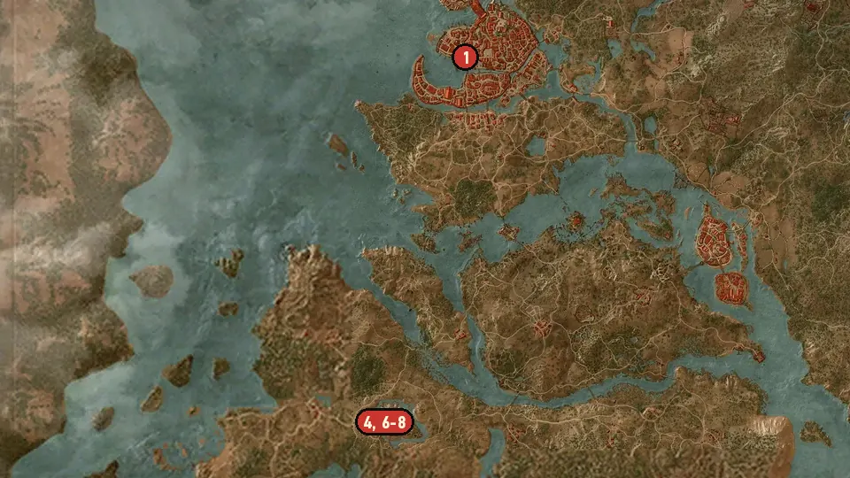 Map of the Ugly Baby objectives around Castle Village, Kaer Morhen, Hierarch Square