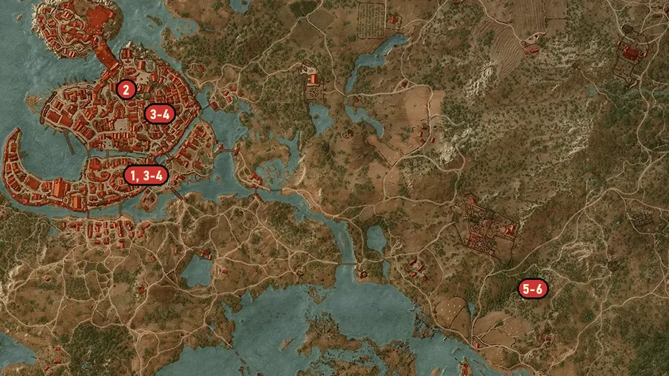 Map of the Brothers In Arms: Novigrad objectives around Hierarch Square, Temerian Partisan Hideout, Gate of the Hierarch