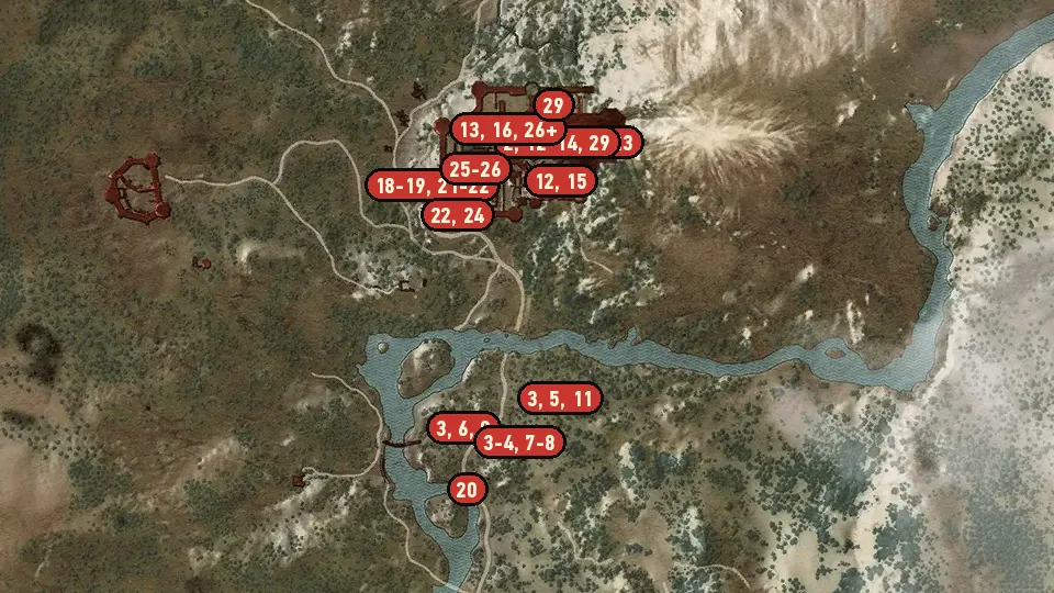 Map of the The Battle of Kaer Morhen objectives around Kaer Morhen, Iron Mine, Hierarch Square