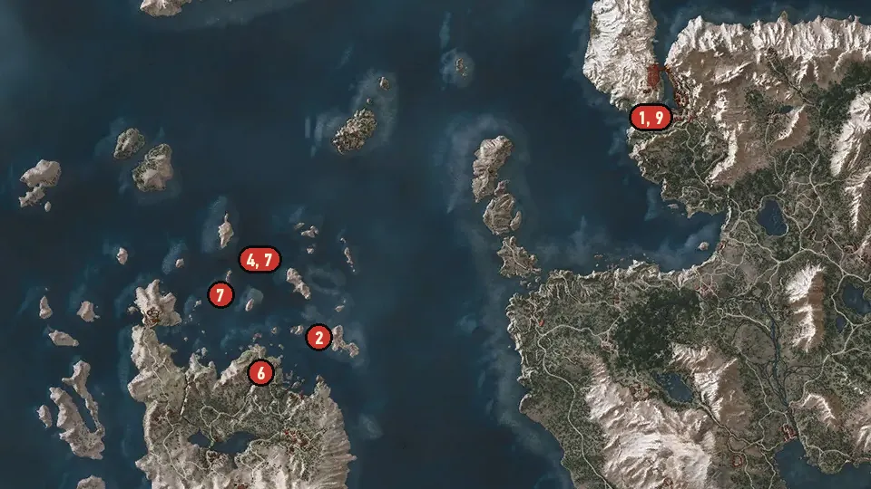Map of the On Thin Ice objectives around Kaer Morhen, Marlin Coast, Byways