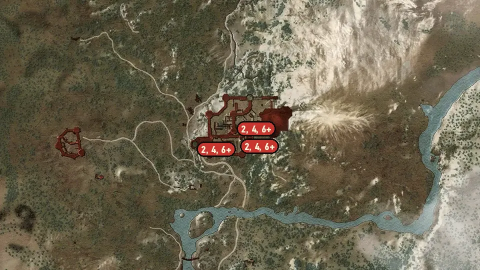 Map of the Something Ends, Something Begins objectives around Kaer Morhen, Broken Bridge, Woesong Bridge