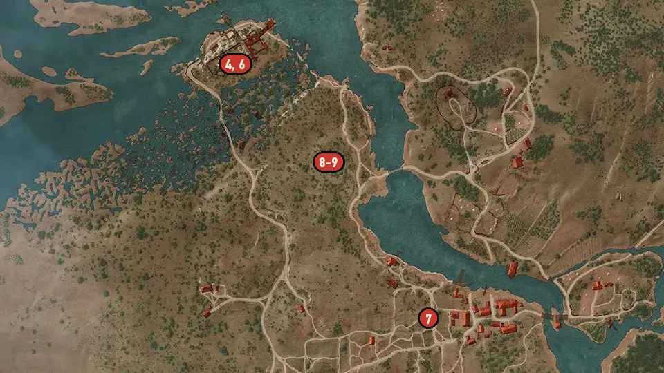 Map of the Something Ends, Something Begins objectives around Nilfgaardian Garrison, Royal Palace in Vizima, Kaer Morhen