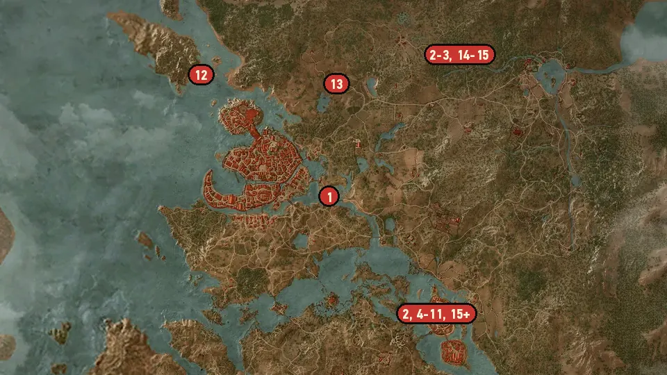 Map of the Evil's Soft First Touches objectives around Oxenfurt Harbor, Garin Estate, Seven Cats Inn
