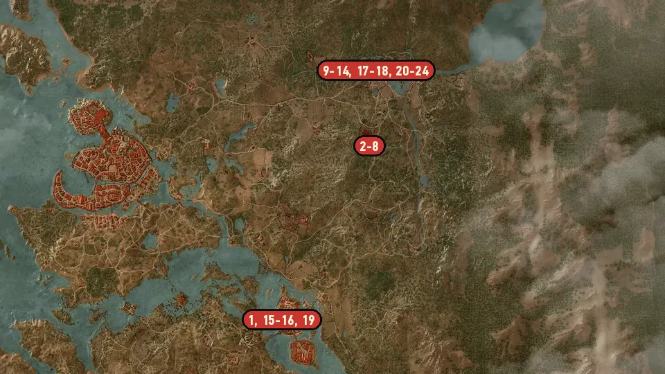 Map of the Dead Man's Party objectives around Brunwich, Draken Hollow Outpost, Oxenfurt Harbor