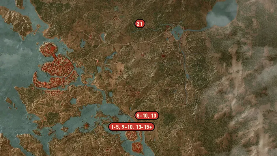 Map of the Open Sesame! objectives around Oxenfurt Harbor, Herbalist's Hut, Novigrad Gate