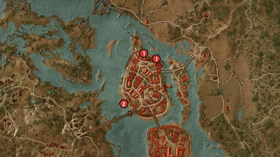 Map of the Open Sesame: Witcher Seasonings objectives around Oxenfurt Harbor, Western Gate